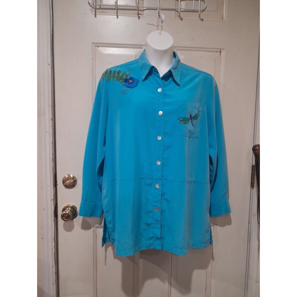 Travelsmith Blue Top Shacket Top, Floral. Dragonfly XL